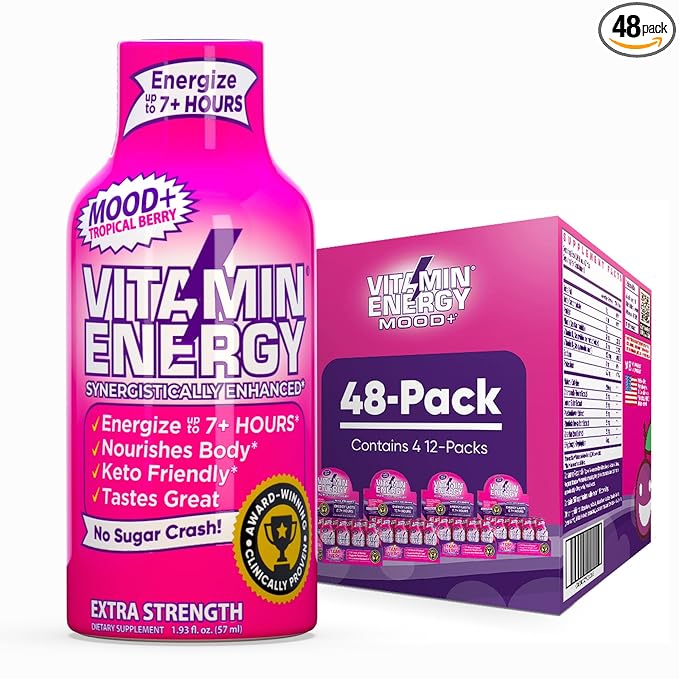 Vitamin Energy Mood+ Extra Strength Energy Shot Tropical Berry 48 Pack, 260mg Natural Caffeine, B-Vitamins, Rhodiola, Chamomile, Mood & Energy Support, Zero Sugar, Gluten-Free, Vegan, 1.93 fl oz - Bloomnest