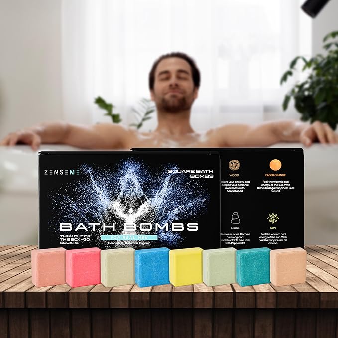 Bath Bombs for Men - Gift Set of 8 Scented Organic Handmade Natural Bath Bombs of 2.5 oz w/Natural Essential Oils, Unique Extra Strength Manly Scents, for Boyfriend, Husband, Father - Square Shape - Bloomnest