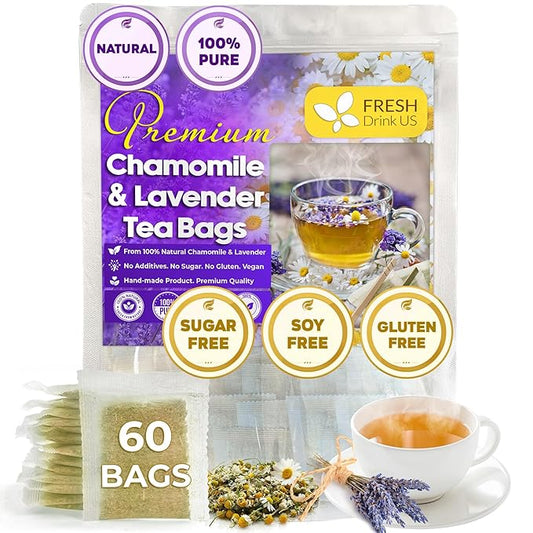 FreshDrinkUS, Premium 60 Chamomile Lavender Tea Bags, Calming Herbal Blend Strong Support for Relaxation & Better Sleep | Naturally Caffeine-Free Bedtime Tea with Soothing Floral Aroma, 100% Natural, Hand-made No Sugar/ Caffeine/ Gluten, Vegan - Bloomnest