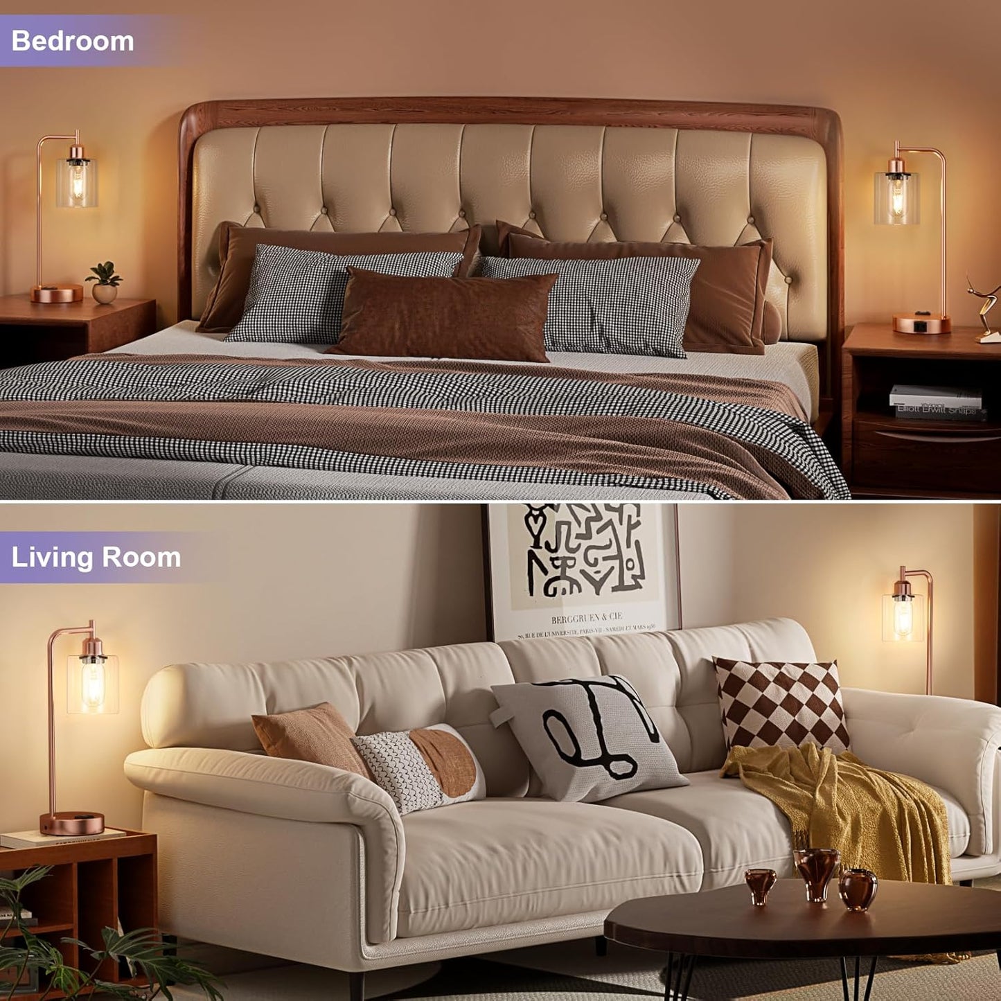 Innqoo Industrial Touch Table Lamps for Bedrooms Set of 2-3-Way Dimmable Lamps with USB C+A Ports and Outlet, Copper Bedside Lamps with Clear Glass Shade for Living Room, Desk Lamps for Home Office