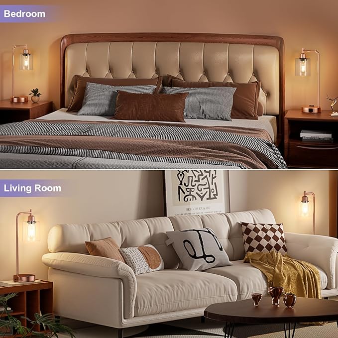 Innqoo Industrial Touch Table Lamps for Bedrooms Set of 2-3-Way Dimmable Lamps with USB C+A Ports and Outlet, Copper Bedside Lamps with Clear Glass Shade for Living Room, Desk Lamps for Home Office - Bloomnest