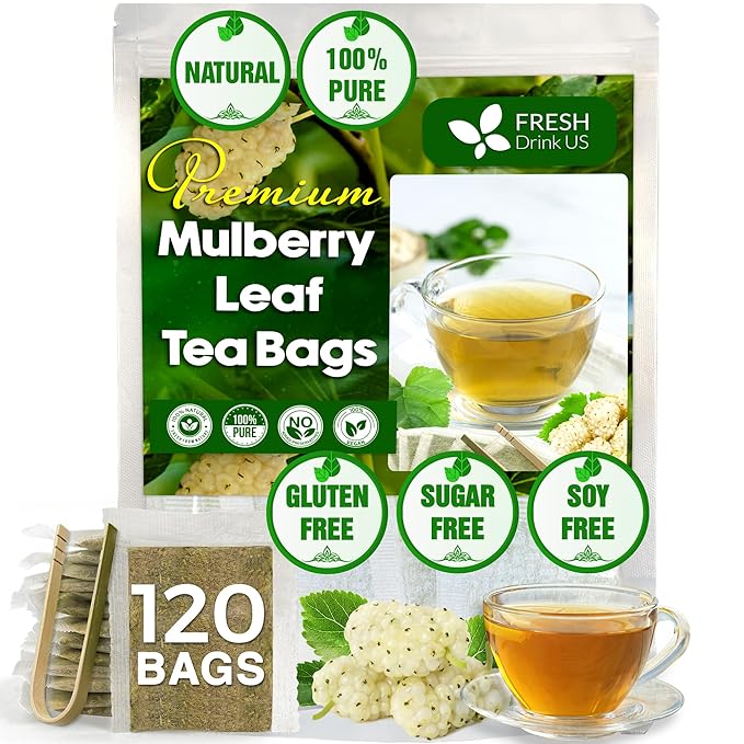 FreshDrinkUS Premium 120 Mulberry Leaf Tea Bags, 100% Natural & Pure. Loose Leaf Herbal Tea. Made with Natural Material Tea Bags. No Sugar, No Caffeine, No Gluten, Vegan - Bloomnest