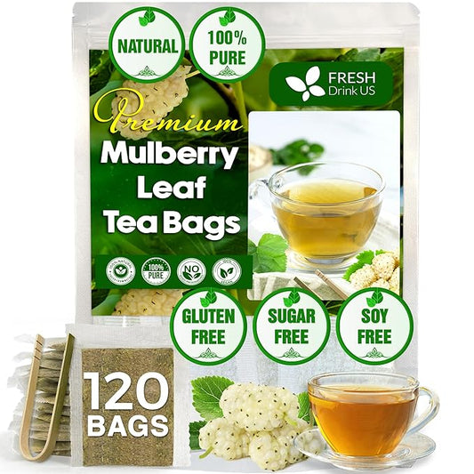 FreshDrinkUS Premium 120 Mulberry Leaf Tea Bags, 100% Natural & Pure. Loose Leaf Herbal Tea. Made with Natural Material Tea Bags. No Sugar, No Caffeine, No Gluten, Vegan - Bloomnest