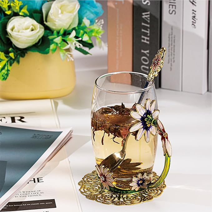 Flower Tea Cup ,Daisy Flower Clear Glass Fancy Coffee Mug with Spoon,Gift Box for Her Mom Wife Grandma Girls Friends Valentines Christmas Birthday Present Idea for Juice,Hot And Cold Drinks Use - Bloomnest