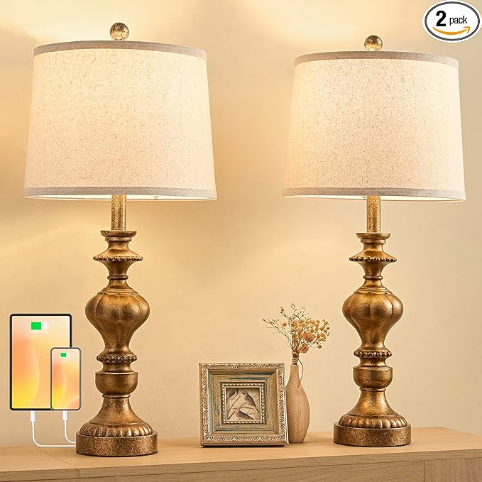 27.5" Farmhouse Table Lamps Set of 2 Bedside Nightstand Lamp with USB C+A Ports & AC Outlet, 3 Way Dimmable Touch Lamps for Bedroom Living Room Office Rustic Lamp (Rotary Switch-Copper) - Bloomnest