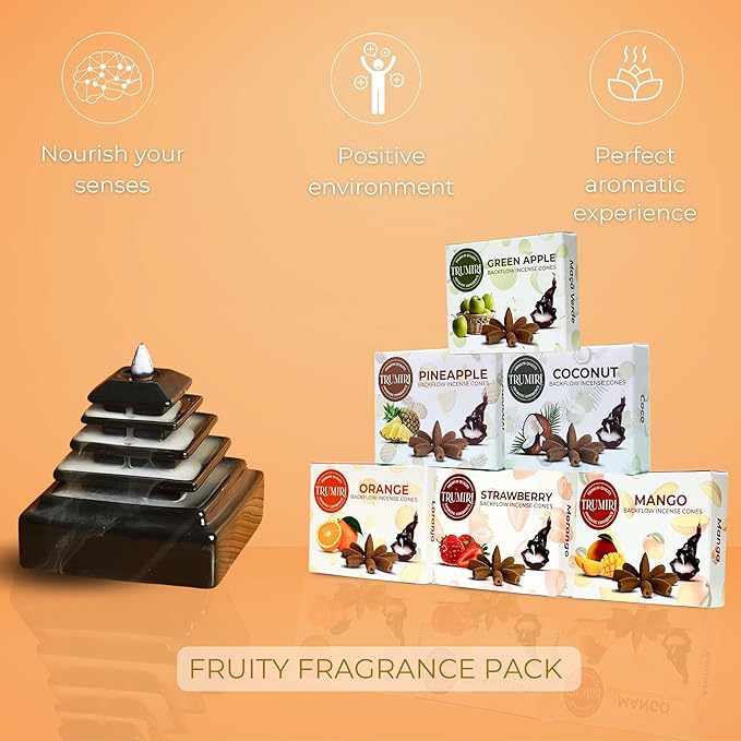 Fruity - Backflow Incense Cones for Waterfall - Scented Inscents-Cones - Pineapple, Strawberry, Coconut, Mango, Apple, Orange - Insiensos Aromaticos - 6x10=60 Large Variety Pack