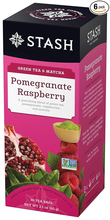 Stash Tea Pomegranate Raspberry Green Tea - Caffeinated, Non-GMO Project Verified Premium Tea with No Artificial Ingredients, 30 Count (Pack of 6) - 180 Bags Total - Bloomnest