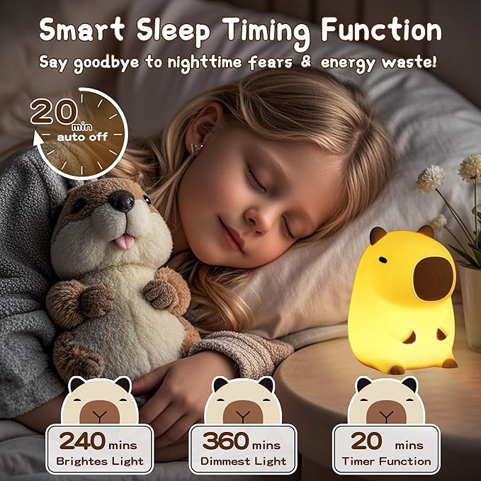 Cute Capybara Night Light, LED Squishy Novelty Animal Night Lamp,2 Levels Dimmable/Timer Nursery Nightlight for Kids, Rechargeable Touch Bedside Lamp, Bedroom/Dorm Decor, Baby Boys Girls Gifts - Bloomnest