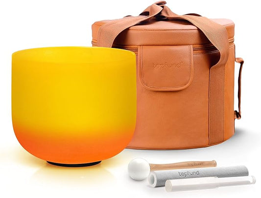TOPFUND Orange Yellow E Note Crystal Singing Bowl Solar Plexus Chakra 10 inch with Heavy Duty Carrying Case and Suede Mallet