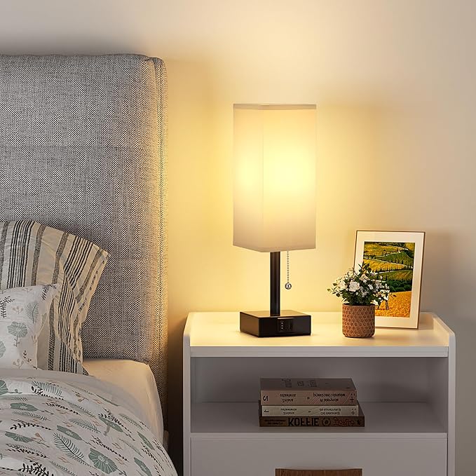 Gray Small Bedroom Lamp - 3 Color Temperature 3000K 5000K 4000K Bedside Lamp, Pull Chain Control, USB A and C Charging Ports, Black Base, for Kids Office Dorm, Bulb Included - Bloomnest