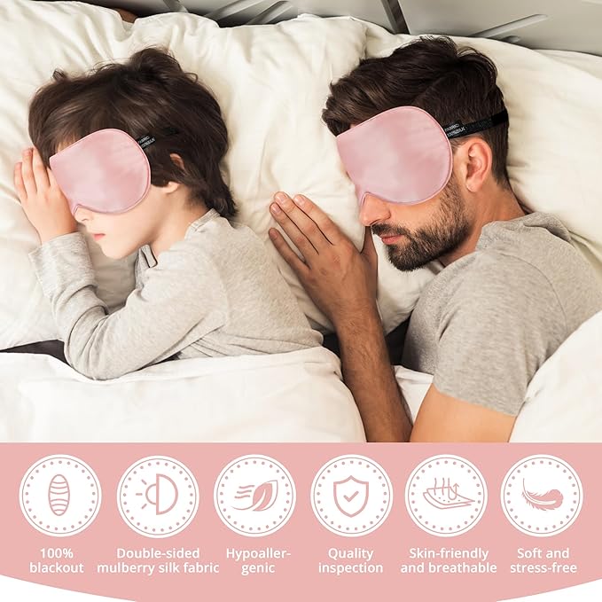 Silk Sleep Mask Eye Cover, 100% Real Natural Silk Eye Mask for Sleeping with Adjustable Strap, 100% Silk Filling Blindfold, Eye Shade for Kids/Teens/Adults, Sleeping Masks for Family (2 Pink) - Bloomnest