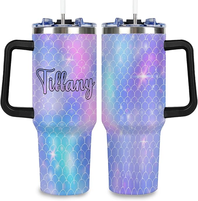 Personalized Mermaid Scales Tumbler with Names, Custom 40oz Tumblers with Handle and Straw Lid, Insulated Stainless Steel Cup, Travel Coffee Mug, Gifts for Christmas Birthday Anniversary Women Her - Bloomnest