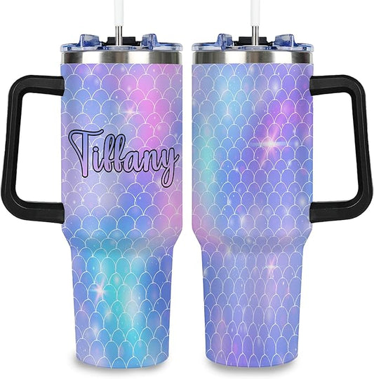 Personalized Mermaid Scales Tumbler with Names, Custom 40oz Tumblers with Handle and Straw Lid, Insulated Stainless Steel Cup, Travel Coffee Mug, Gifts for Christmas Birthday Anniversary Women Her - Bloomnest