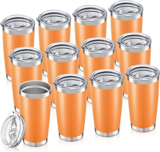 20 oz Tumbler Bulk with Lid Stainless Steel Insulated Tumblers Double Wall Vacuum Coffee Mug Powder Coated Tumbler Cups for Cold and Hot Drinks, Orange, 12 pack