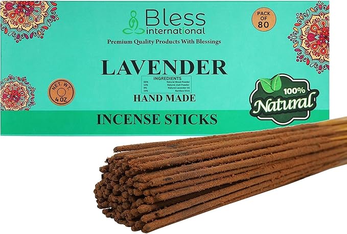 Bless-Lavender 100%-Natural-Handmade-Hand-Dipped-Incense-Sticks Organic-Chemicals-Charcoal-Free Purification-Relaxation-Positivity-Yoga-Meditation Best-Woods-Scent (80 Sticks (4.20 OZ)) BlessInternational