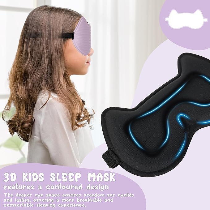 Kids Sleep Mask Eye Mask: 3D Contoured Cup Sleeping Masks, Blindfold with Adjustable Strap, Kids Eye Cover for Boys, Girls, Teens, Pressure-Free with Memory Foam Face Mask for Sleeping (Purple) - Bloomnest