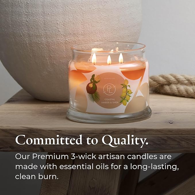PartyLite Coastal Amber & Shea Scented, Notes of Ylang Flower, Citron, Sweet Coconut & Amber Creme, 13.2oz 3-Wick Jar Candle, 45 Hour Burn Time, Luxurious Fragrance, Ideal for Gifting - Bloomnest