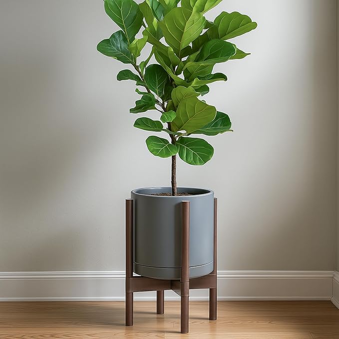 D'vine Dev Ceramic Planter with Walnut Color Stand - 12 Inch Modern Round Flower Pot with Wood Planter Holder, Grey, 55-B-W-3 - Bloomnest