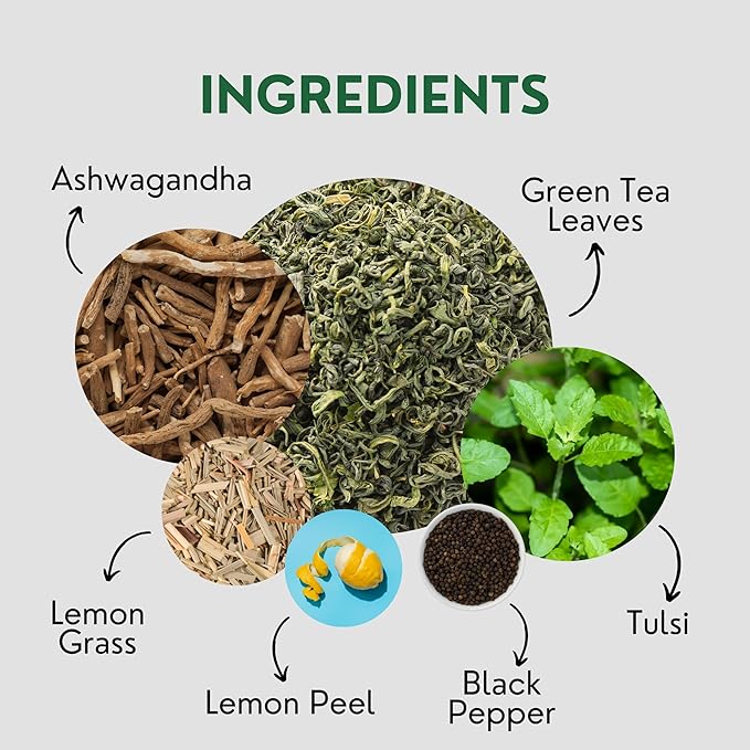 Tealeaf & Co. Tulsi Holy Basil Ashwagandha Green Tea Loose Leaf with Lemon Peel, Lemongrass & Black Pepper - Tulsi Tea with Fresh Herbs and Spices - 50 Servings, Gluten Free (3.52oz/100gm) - Bloomnest