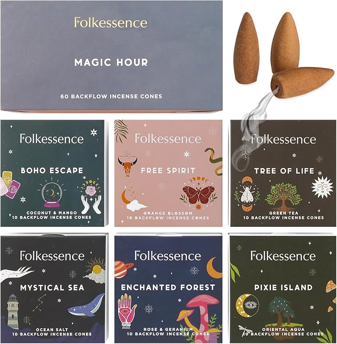 Folkulture Backflow Incense Cones (60 Cones) | Set of 6 Waterfall Insence Cones for Aromatherapy, Relaxation | No Charcoal, Organic, Non Toxic Coconut & Mango, Ocean Salt Scented Inscents-Cones