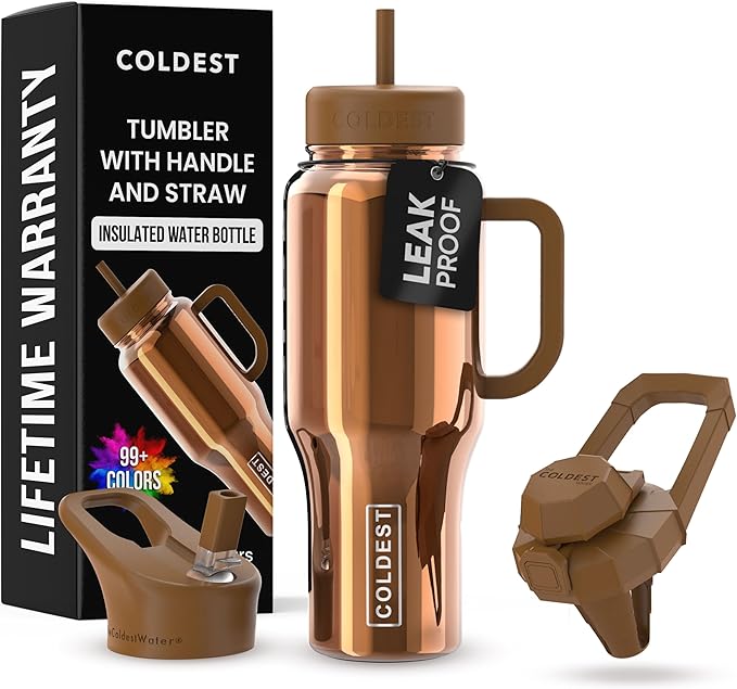 Coldest Tumbler with Handle and Straw - 100% Spill Proof Tumbler with Straw (3 Lids) - Stainless Steel Insulated Leakproof Tumblers for Women & Men - 36 oz (Gold Reflections) - Bloomnest