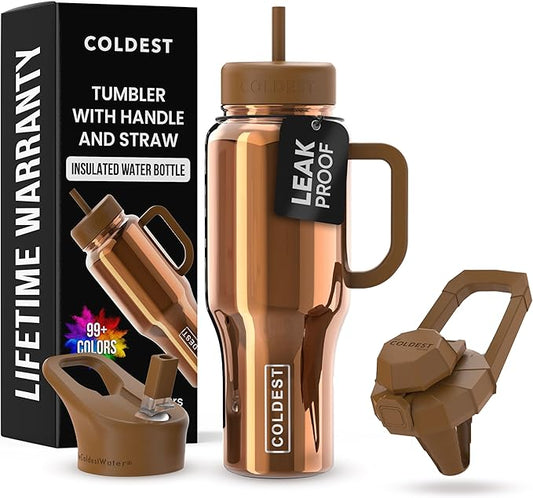 Coldest Tumbler with Handle and Straw - 100% Spill Proof Tumbler with Straw (3 Lids) - Stainless Steel Insulated Leakproof Tumblers for Women & Men - 36 oz (Gold Reflections) - Bloomnest