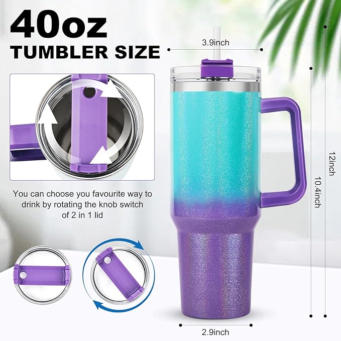 40 oz Tumbler with Handle and Straw Lid, Vacuum Insulated Leak Proof Double Walled Stainless Steel Glitter Travel Mug Tumblers, Maintains Cold Ice and Heat for Hours(Green Purple Gradient) - Bloomnest