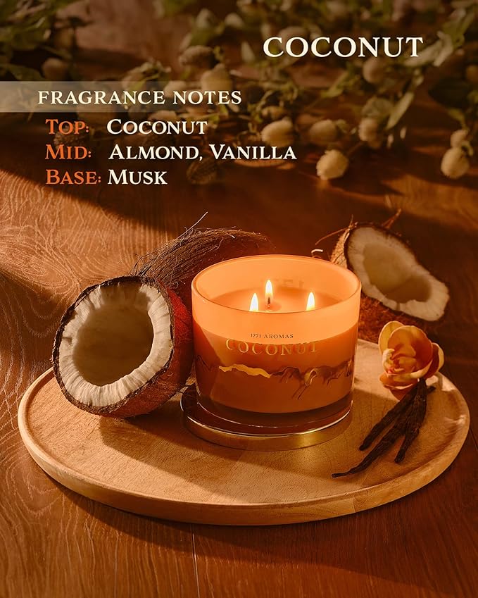 Coconut Scented Candles - 100% Natural Soy Wax - Large 3 Wick Jar Candle - Up to 50 Hours Burning Time - Candles for Home - Gift-Ready Candle for Men & Women - Aromatherapy Candles - Bloomnest