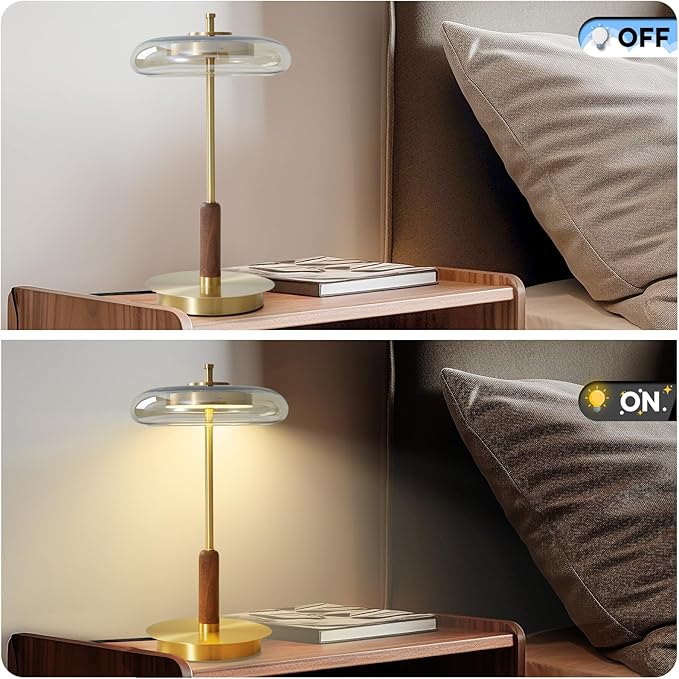 Small Table Lamp for Bedroom-Brass Base Mushroom Table Lamps,Amber Glass Shade,LED Three Color Temperature Adjustable Brightness Modern LED Side Table and Desk Lighting(H 15.4 in) - Bloomnest