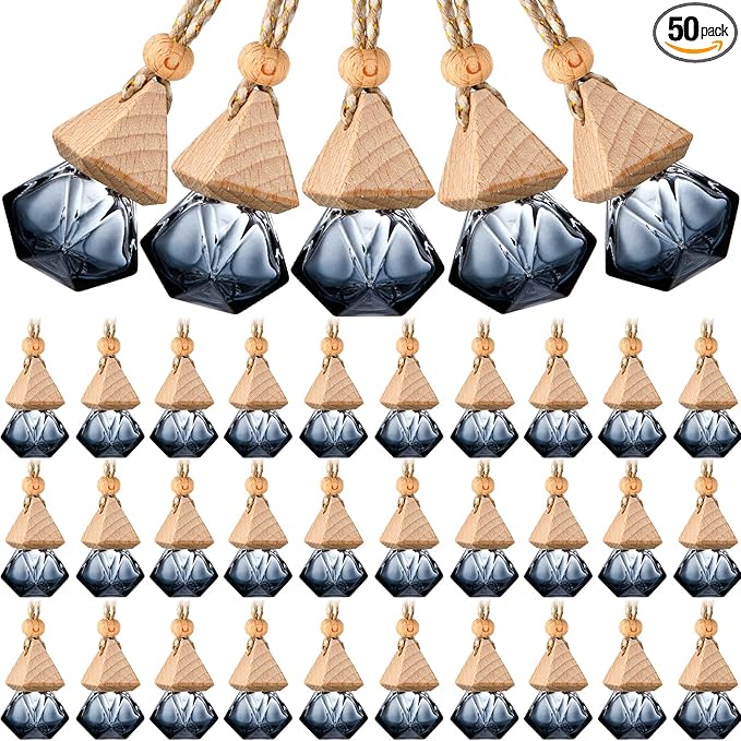 50 Pcs Hanging Car Air Freshener Black Car Diffuser Bottles Empty Glass Perfume Bottles Air Freshener Diffuser Pendant for Essential Oils Fragrance Aromatherapy Ornament (Rhombus) - Bloomnest