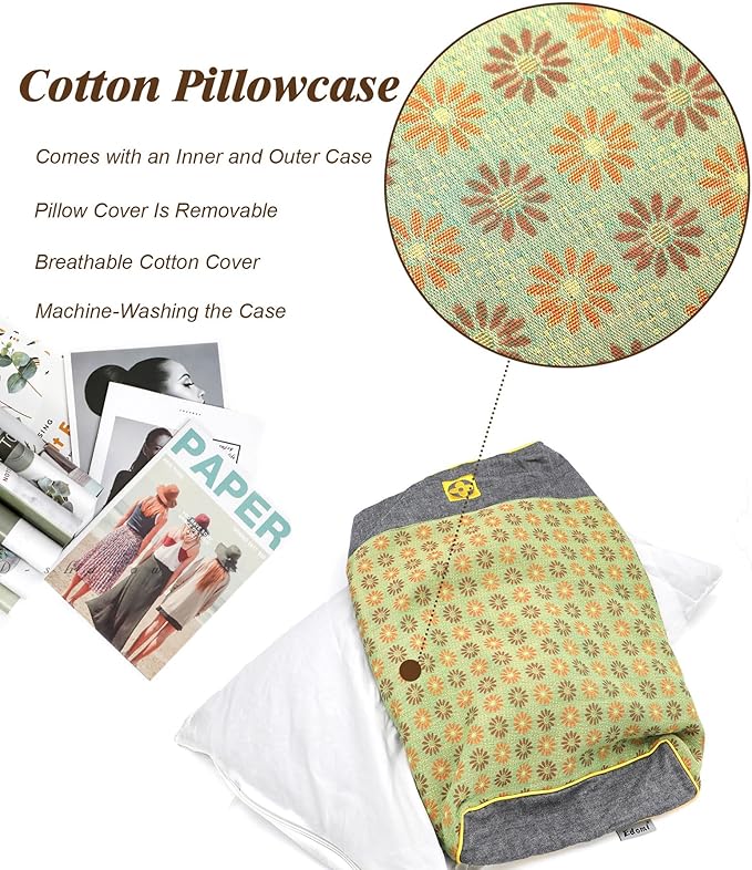 Buckwheat Neck Pillow Medium Firm, Buckwheat Hull Flat Pillows for Sleeping, Adjustable Hard Pillows for Back Side Sleeper Neck Support (18x10 Inch, LemonYellow)