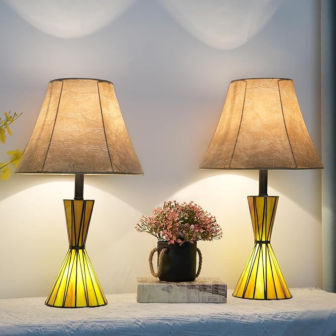 Set of 2 Glass Table Lamps with Stained Glass Night Lights 3-Way Dimmable Bedside Lamps with 12 inches Imitation Sheepskin Shade Modern Nightstand Lamps for Bedroom Living Room - LED Bulbs Included - Bloomnest