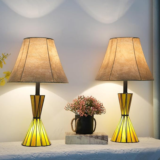 Set of 2 Glass Table Lamps with Stained Glass Night Lights 3-Way Dimmable Bedside Lamps with 12 inches Imitation Sheepskin Shade Modern Nightstand Lamps for Bedroom Living Room - LED Bulbs Included - Bloomnest