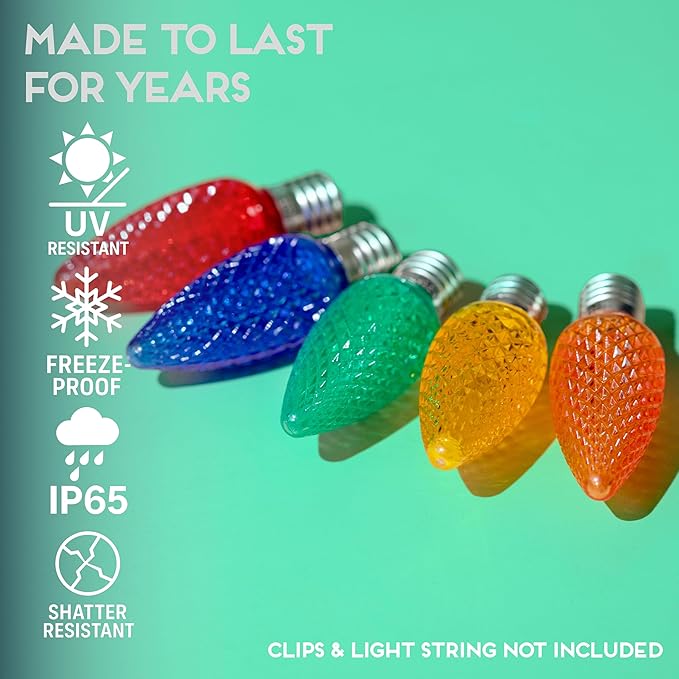 HLO Lighting Set of 25 Multicolor (Red Green Blue Yellow Orange) C9 Faceted LED Christmas Light Bulbs for Indoor & Outdoor Use | Durable Replacement Bulbs - Bloomnest