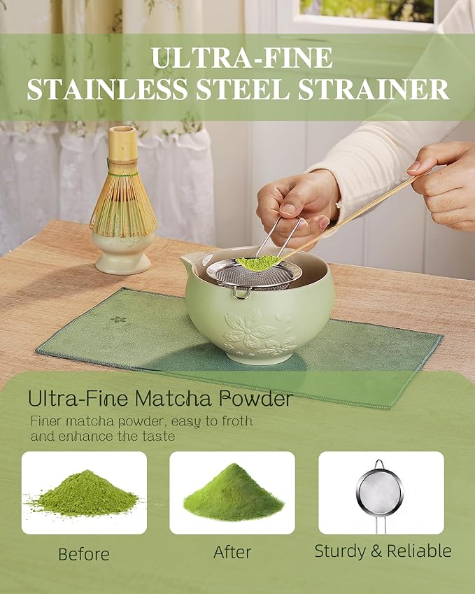 ZENS Matcha Whisk Set, Ceramic Matcha Tea Set with 15oz Sakura Bowl and Bamboo Whisk & Scoop, (Chasen Holder), Stainless Sifter-Tea Towel, 6pcs Matcha Kit for Matcha Lovers, Green - Bloomnest