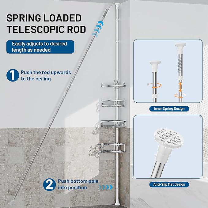 Corner Shower Caddy Tension Pole, 4 Tier Adjustable No Drill Rustproof Large Capacity Space-Saving Shower Shelves Organizer Storage Rack 45.29-119in for Bathroom Bathtub Family Renters, Chrome - Bloomnest