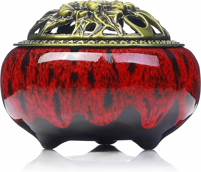 Incense Burner with Calabash Incense Stick Holder - Porcelain Charcoal Censer for Use with Resin Granular Powder Cone or Coil Incense (Kiln-Colored Red) - Bloomnest