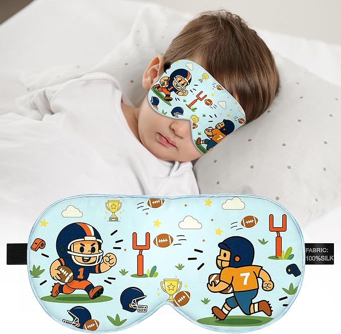 Kids Sleep Mask – 100% Mulberry Silk Eye Mask with Adjustable Strap, Soft Light Blocking Sleeping Mask for Children, Cute Printed Eye Cover for Boys Girls Ages 5-15 (Football Style) - Bloomnest