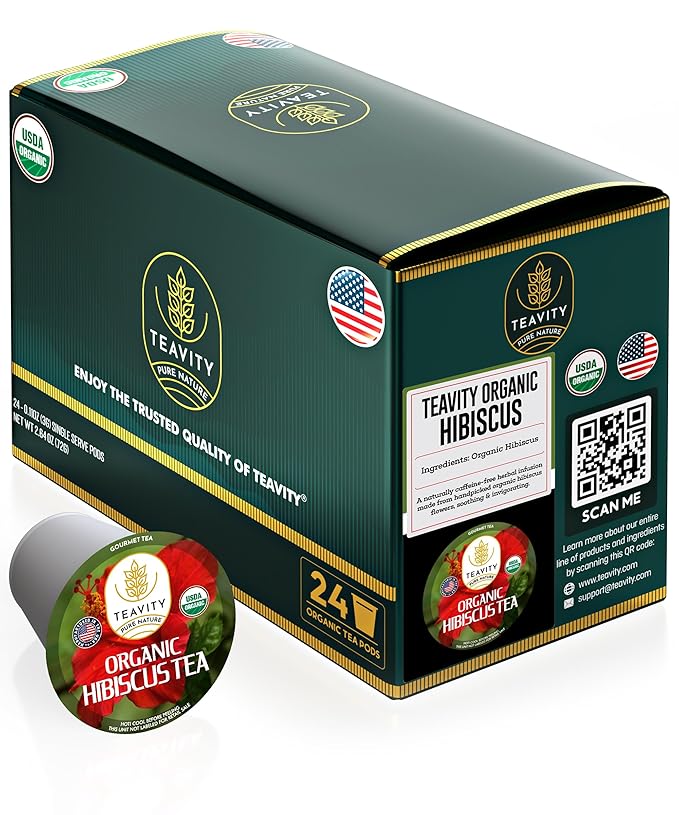 Organic Hibiscus Sabdariffa Tea Organic Naturally Decaf Tea Pods for Keurig by Teavity (24 Tea Pods) - Bloomnest