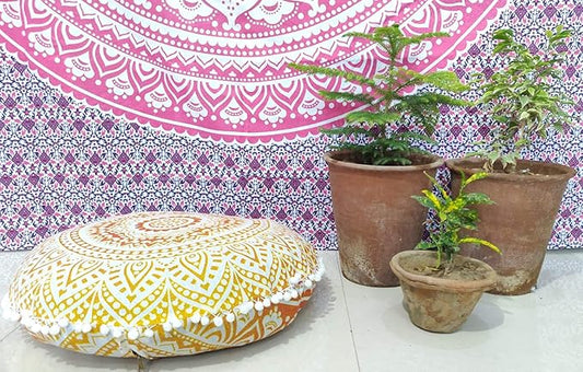 INDIAN CRAFT CASTLE 24" Yellow Ombre Mandala Barmeri Large Floor Pillow Cover Cushion Meditation Seating Ottoman Throw Cover Hippie Decorative Zipped Bohemian Pouf Ottoman Pom Pom Cases 24" Round - Bloomnest