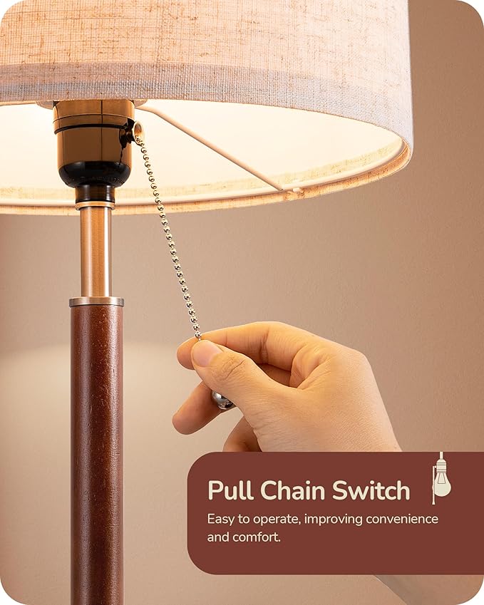 EDISHINE Mid Century Table Lamp, Solid Wood and Metal Bedside Lamp with Pull Chain Switch & Beige Linen Shade, Retro Nightstand Lamp for Bedroom Living Room End Table, E26 Base - Bloomnest