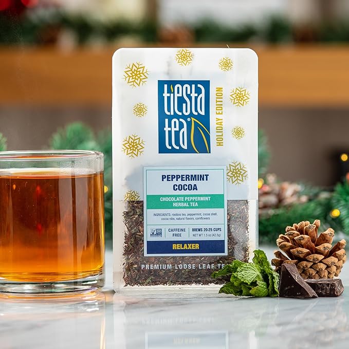Tiesta Tea Cozy Peppermint Cocoa, Premium Loose Leaf Blends, Chocolate Peppermint Herbal Tea, Caffeine-Free, Holiday Blend, Holiday Edition, Hot or Iced Brew, Up to 25 Cups, 1.5oz Resealable Pouch - Bloomnest