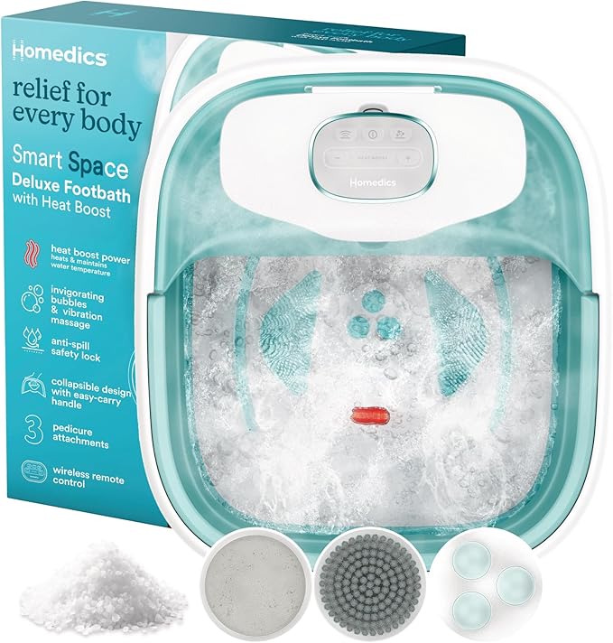 Homedics Smart Space Deluxe Footbath with Heat Boost, Patented Collapsible Design, Invigorating Bubble + Vibration Massage, 3 Pedicure Attachments, Safety-Lock System, Includes Bath Salts - Bloomnest