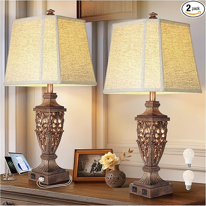 28.5" Vintage Bronze Table Lamps Set Of 2 with Night Light,Lamps for Nightstand with Beige Linen Cut Corner Shade,Bedside Lamp with USB A+C Ports for Bedrooms,Living Room,Office,Hotel(Bulb Included) - Bloomnest