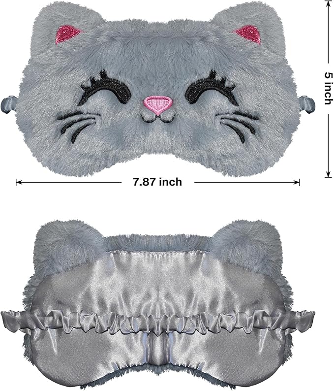 Cute Cat Sleeping Mask Eye Mask Funny Animal Kitten Sleep Mask Soft Plush Blindfold Travel Eye Cover Eyeshade for Kids Adults Girls Boys Women Men (Cat, Gray) - Bloomnest
