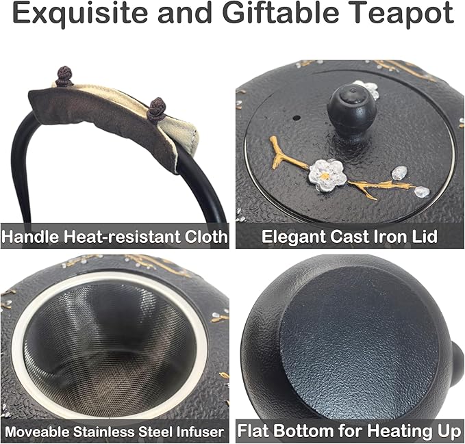 Cast Iron Teapot SECHUDO Teapot for Stovetop Safe Coated with Enameled Interior,Japanese Beautiful Tea Kettle with Stainless Steel Infuser for Loose Tea (60.9oz Plum Blossoms and Bird Pattern) - Bloomnest