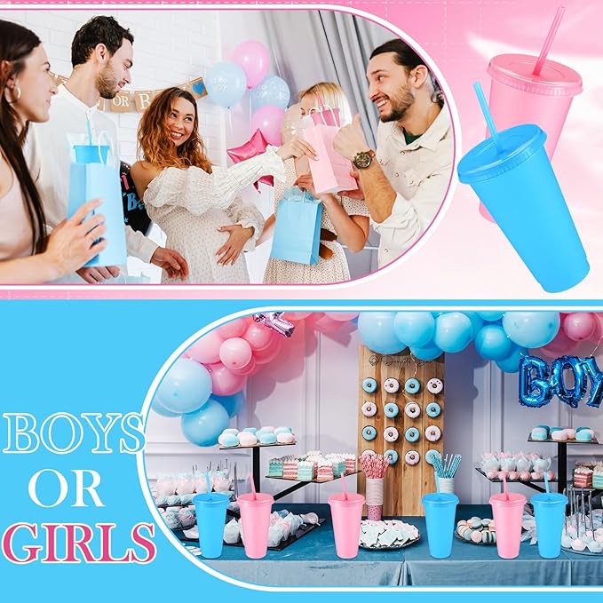Honeydak 30 Pack Tumbler with Straw and Lid Bulk Water Bottle Iced Coffee Travel Mug Cup Reusable Plastic Cups for Party Birthdays 24-27 oz (Pink and Blue Color) - Bloomnest