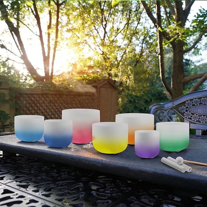 Ryan Dvan 432Hz 7"-12" Set of 7 Crystal Singing Bowl Set – Gradient Color Quartz Bowls for Chakra Healing, Meditation, Sound Bath & Yoga.Sound Therapy Tools with Suede Mallets & O-Rings. - Bloomnest