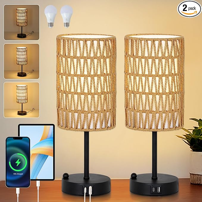 Touch Table Lamp Set of 2 For Bedroom with Bulb, Boho Small Desk Lamp For Living Room With Rattan & Linen Shade, 3 Way Dimmable Bedside Table Lamp For Nightstand With USB Charging Port & Phone Stand - Bloomnest