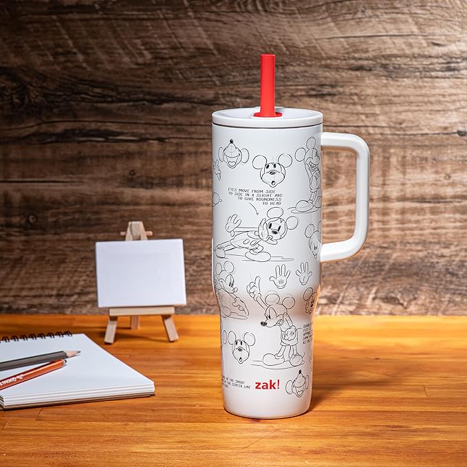 Zak Designs Disney Sutton Travel Tumbler for On the Go, 30oz Stainless Steel with Vacuum Insulation, Silicone Straw, and Carry Handle for Cold Drinks (Mickey Mouse Sketch) - Bloomnest